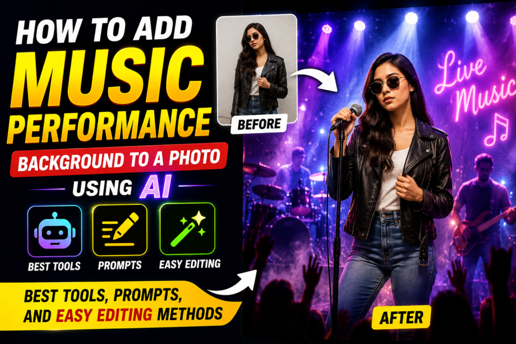 A person using an AI tool to add a background imagry of a music performance on ai.